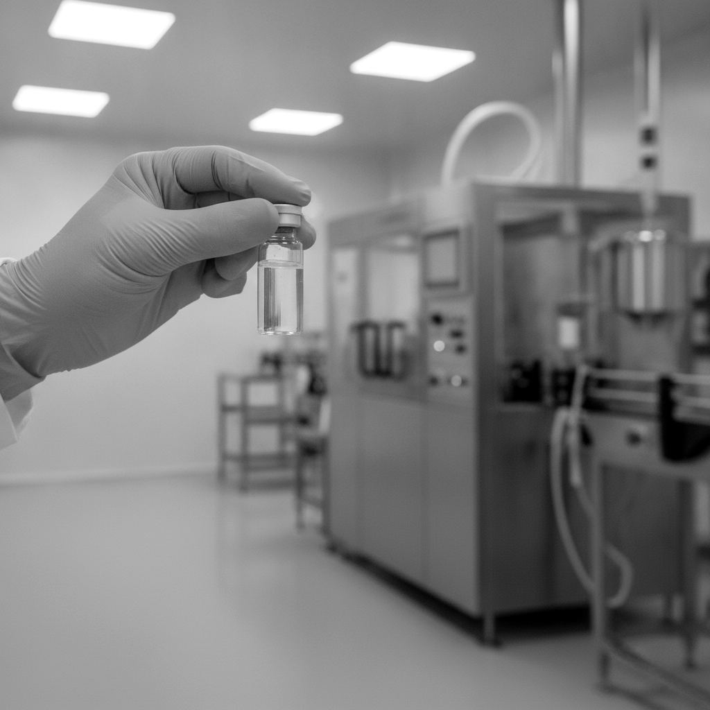 Inspection of a NordBac laboratory water vial during batch testing